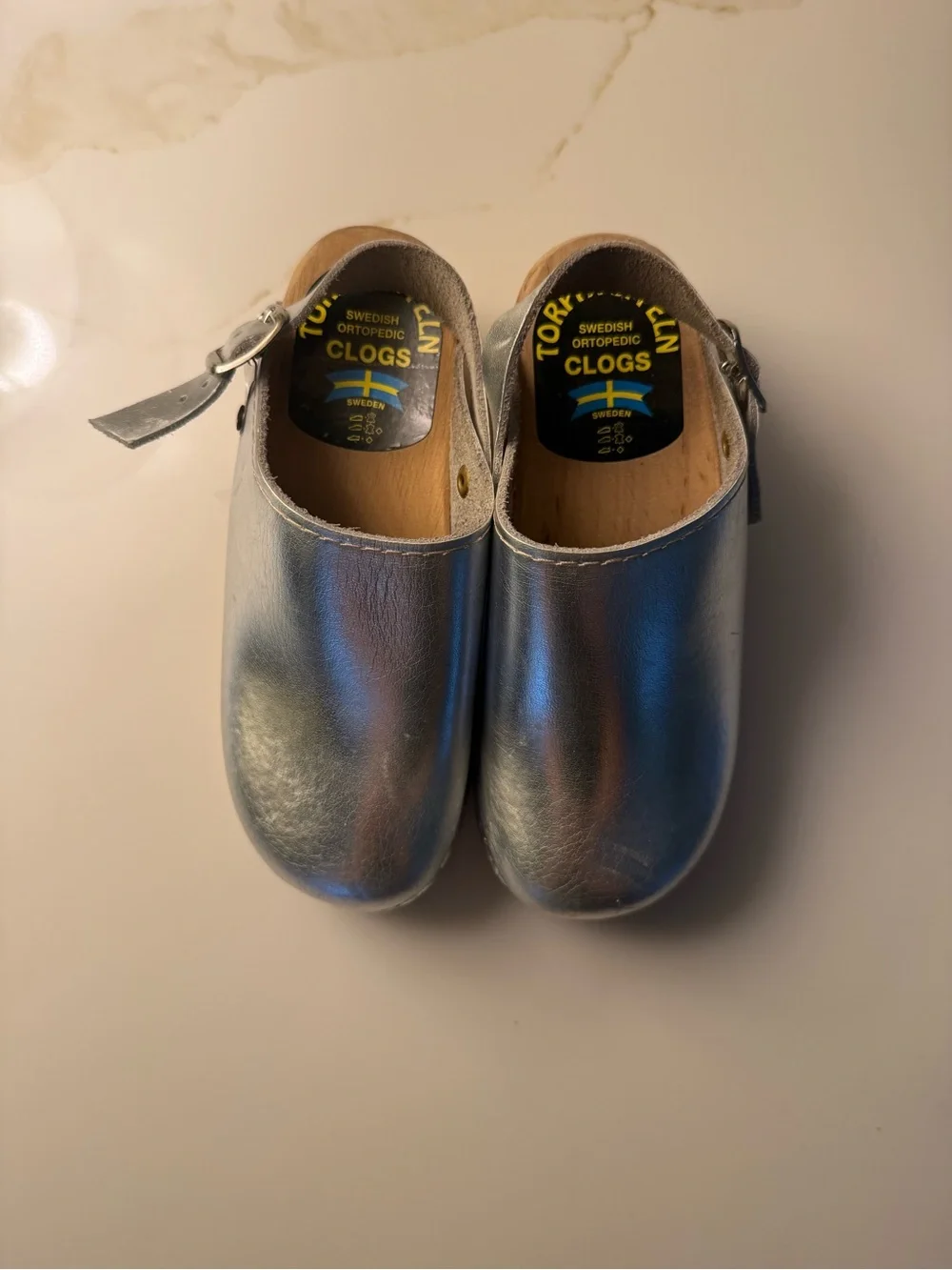 Torpatoffrln Metallic Silver Clogs with Adjustable Back Strap Sz 30